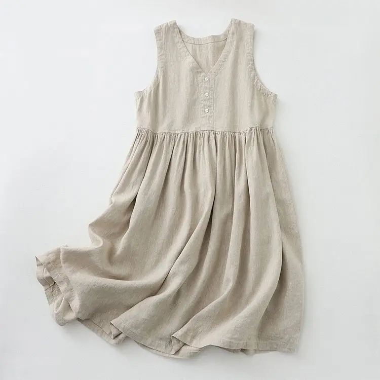 Summer Women's Cotton And Linen Solid Color Sleeveless Vest Dress