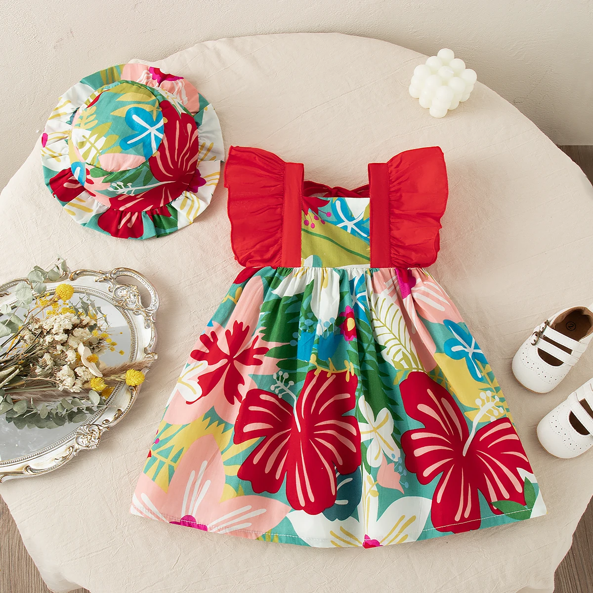Baby Girl Dress Summer Cotton Full Print Square Collar And Small Fly Sleeves Baby Dresses Cute And Casual Beach Baby Clothing