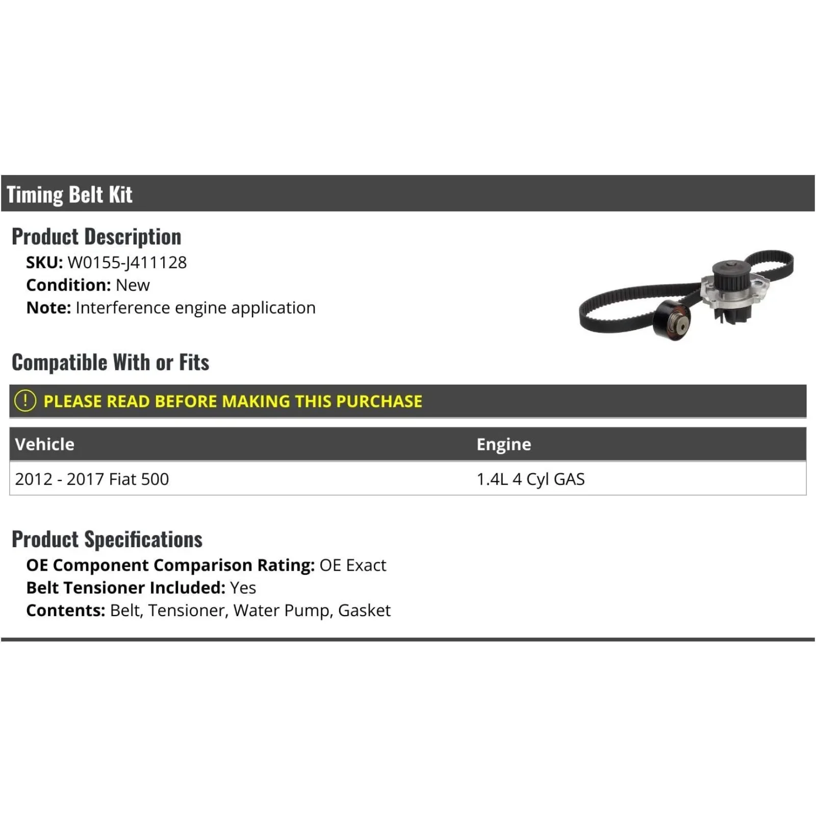 US  Timing Belt Kit - Compatible with 2012-2017 Fiat 500 1.4L 4-Cylinder GAS