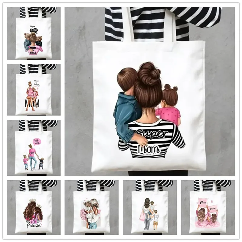 

Super Mom Parenting Series Women Shoulder Bags Eco Canvas Tote Bag Shopper Handbag PortableTravel Storage Fashion Girl Handbags