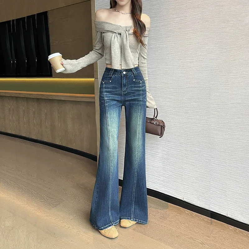 Women High Waist Stretch Slim Fit Micro Flare Jeans Fashion Trendy Figure Friendly Bootcut Denim Casual Long Trousers