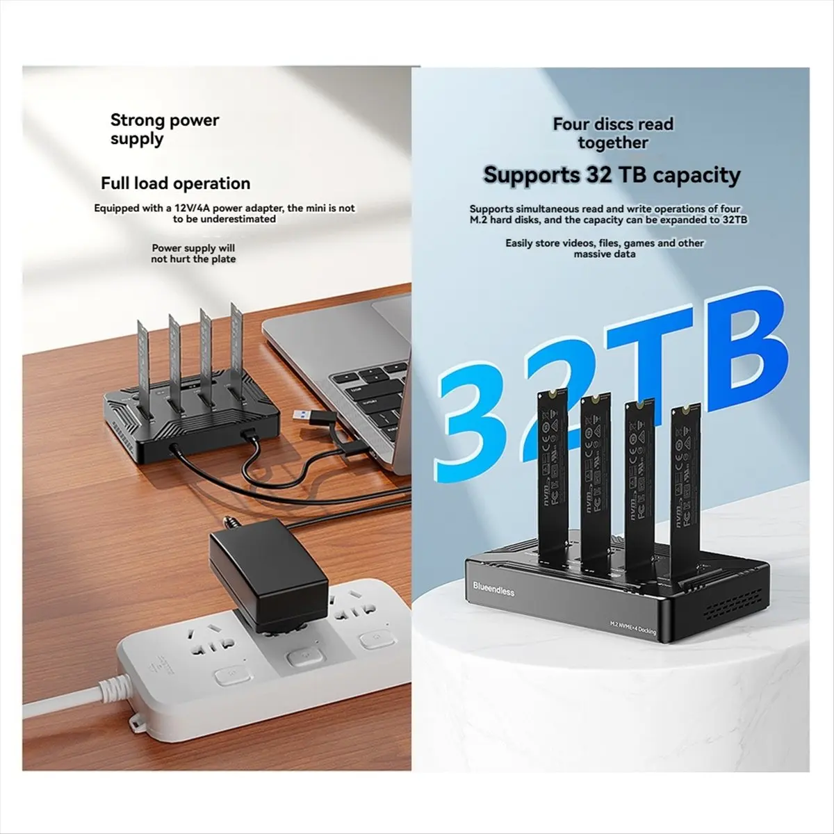 

A46U Blueendless 4-Bay M.2 NVME SSD Docking Station, 40Gbps External Hard Case with Clone Feature for Laptop EU PLUG