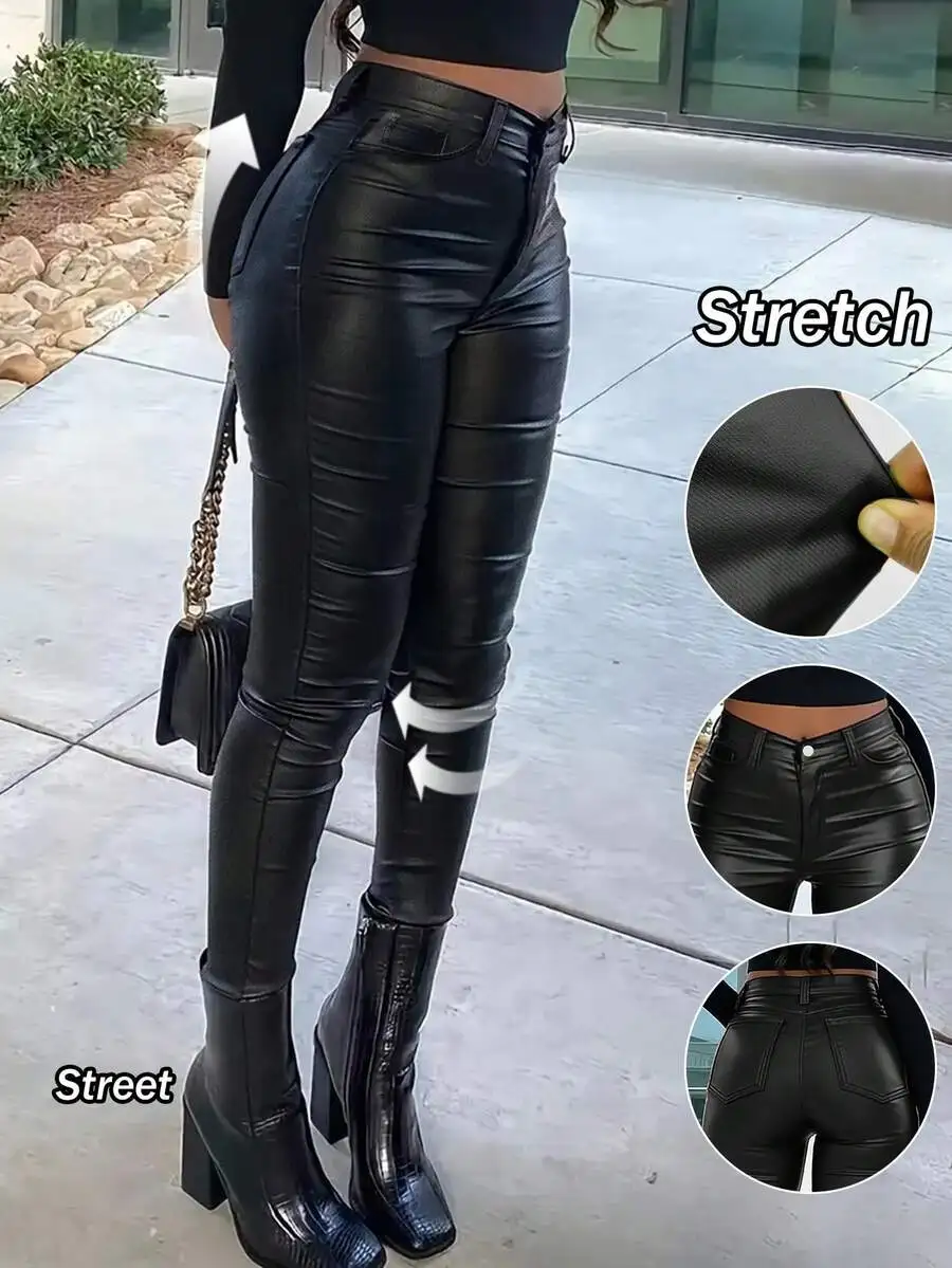 

Женские обтягивающие брюки из искусственной кожи с высокой талией и драпировкой