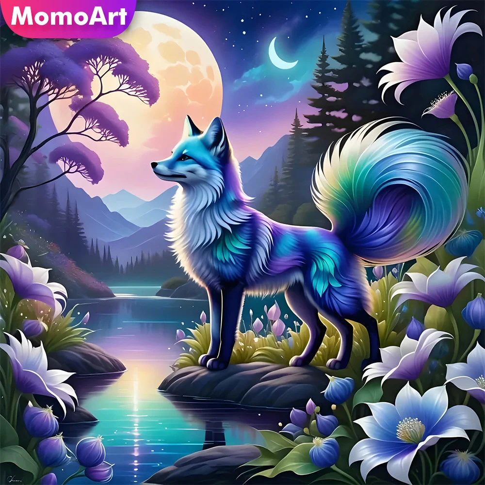 Momoart Vollquadratisches, rundes Diamant-Gemälde, Fuchs, Tier, DIY-Stickerei, Blumenmuster für Erwachsene, Anfänger, Mosaik, Mond, Heimdekoration