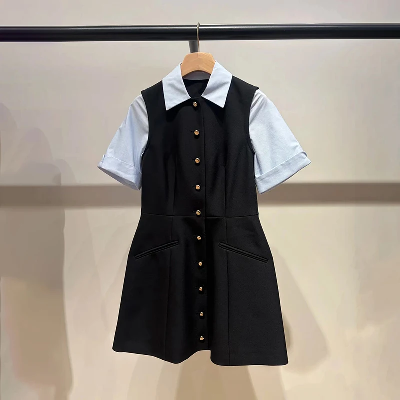 

French Sle Collar irt Dr Women's Spring Autumn Plaid Design Tee Dimensional Tailoring Fake Two-Piece Dr