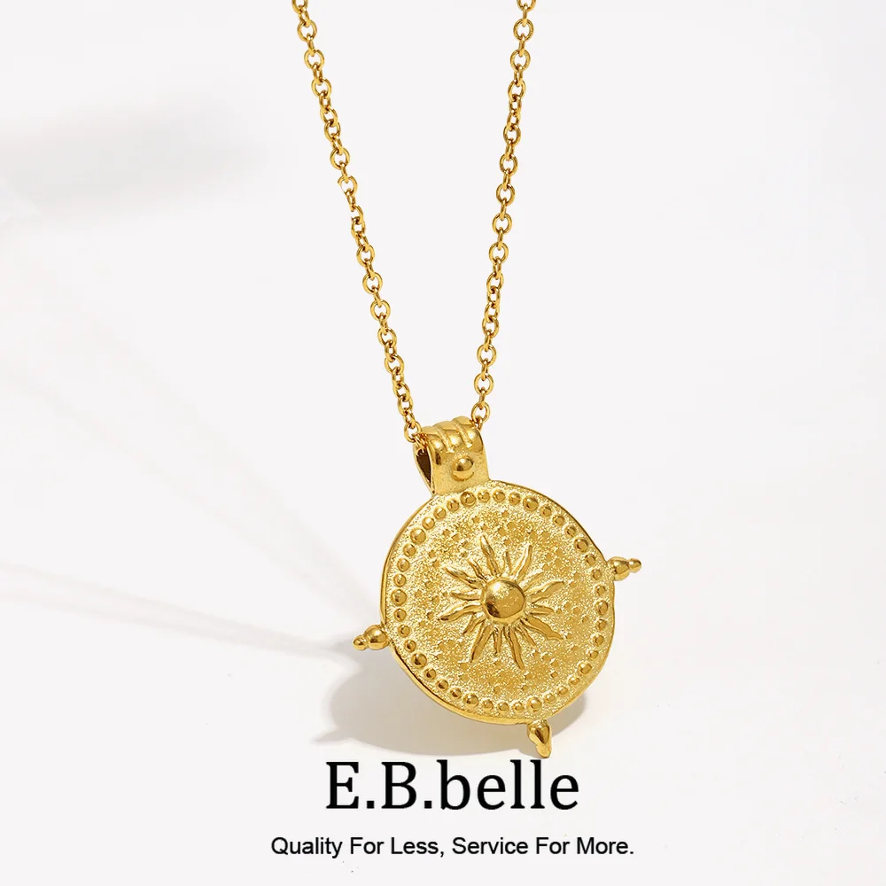 E.B.belle Frosted Surface Acient Sun Compass Pendant Necklace For Woman Ladies New Stee PVD Plated Coin Necklace Gold Jewelry