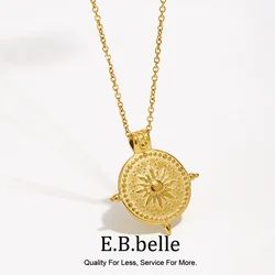 E.B.belle Frosted Surface Acient Sun Compass Pendant Necklace For Woman Ladies New Stee PVD Plated Coin Necklace Gold Jewelry
