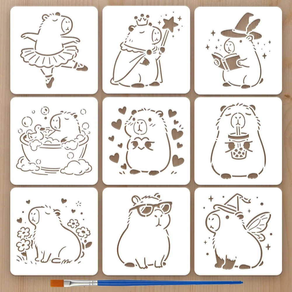 9Styles Capybara Pattern Stencils with a Brush 5.9x5.9Inch Cartoon Capybara Painting Stencils PET Animal Themes Template