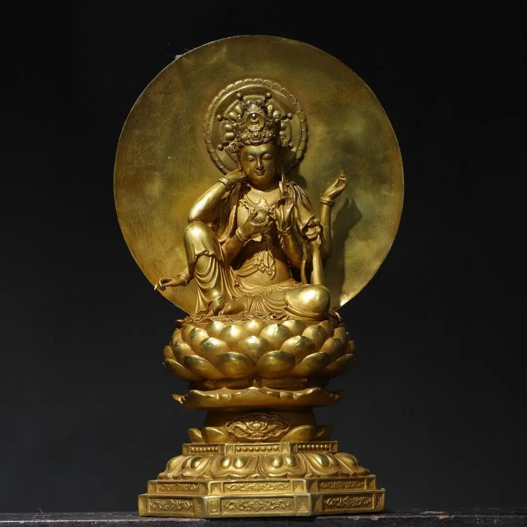 Pure Copper Gilt Six Armed Guanyin Avalokiteshvara Statue Antique Home Altar Decor