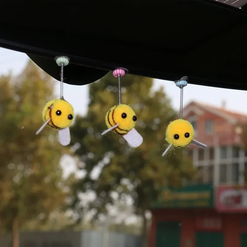 Car Center Console Decor Cute Coil Spring Little Bee Car Rearview Mirror Hanging Pendant Ornament Auto Interior Accessories Gift