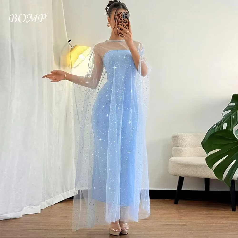 

BOMP Elegant Shiny Blue Wedding Party Dress with Jacket Strapless Ankle Length Tulle Special Occasion Evening Dresses Customized