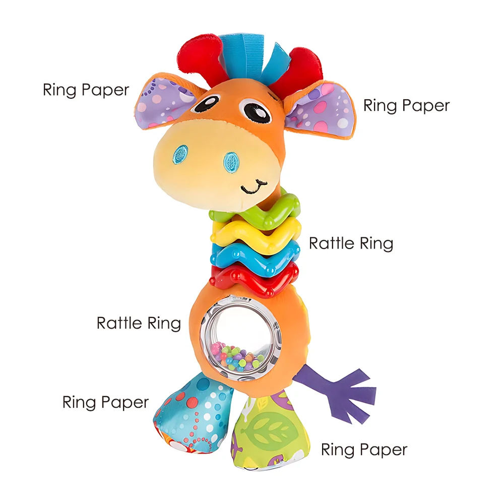 Baby Rattle Toy - Soft Plush Teething Toy with Rattle Rings & Crinkle Paper, Sensory Development, Newborn Educational Toy