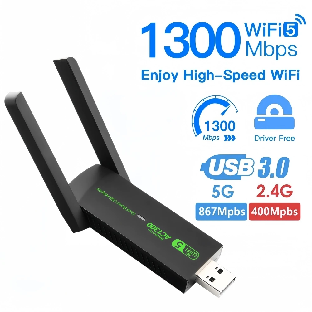 

1300Mbps USB WiFi Adapter AC1300 WiFi 5 Ethernet Network Card Dual Band 5G 2.4G USB3.0 WiFi Dongle for PC Laptop WiFi Receiver