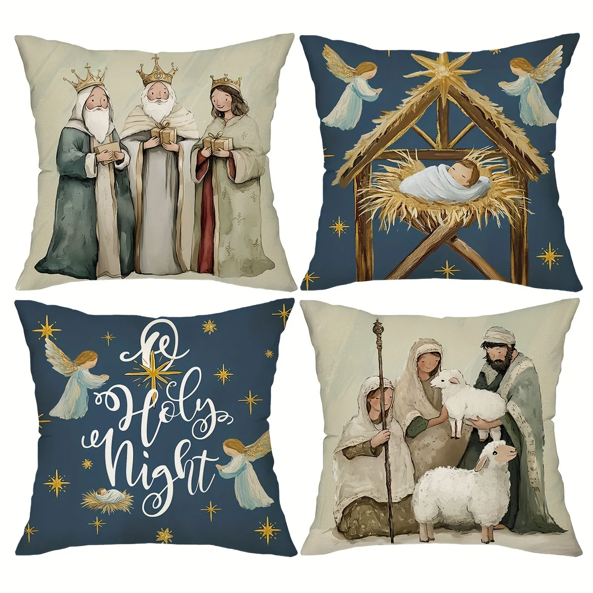 Religious Christmas Style Pillow Covers, Nativity Scene & Holy Night Print Cushion Cases Cozy Home Decor for Bedroom Living Room