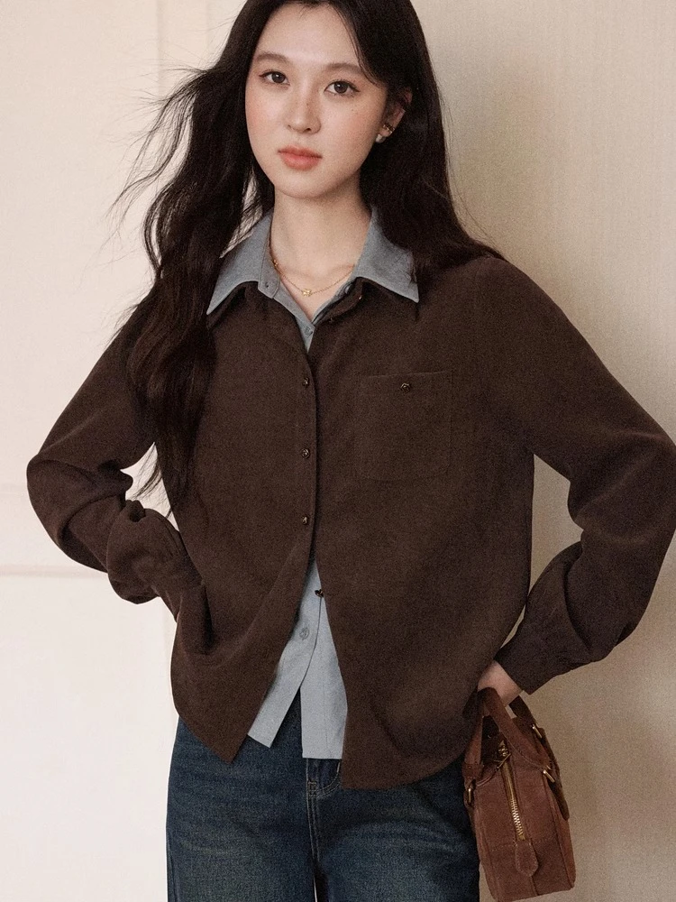 ALXNAN المرأة خمر قميص الخريف وهمية قطعتين اللون حجب أزرار معدنية بلوزة الأدب فريد لطيف القمم الإناث L58027