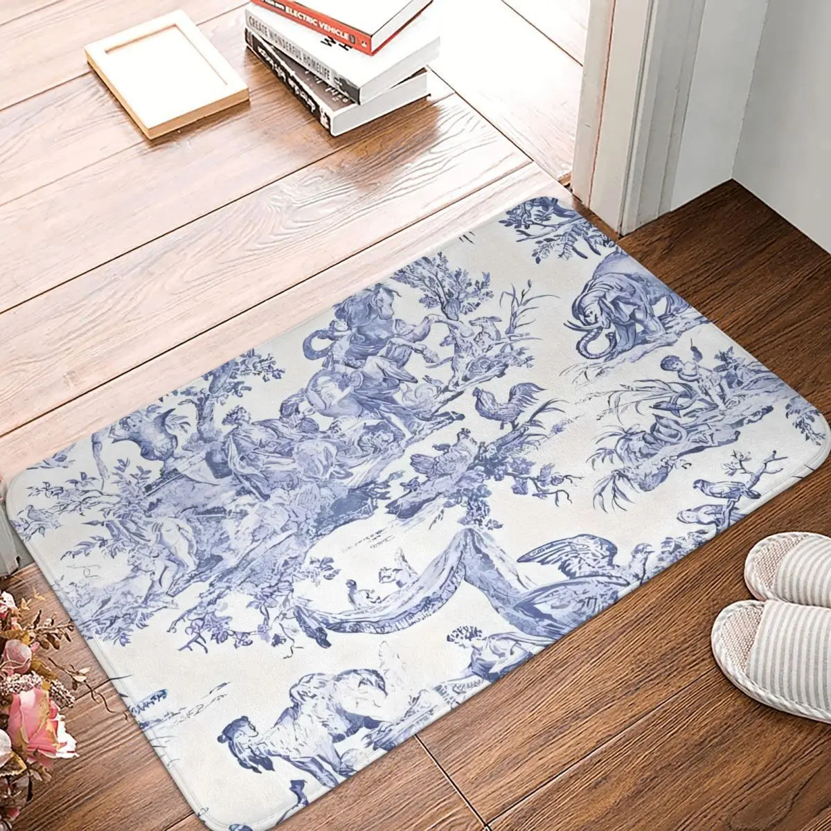 Toile De Jouy Bath Mat Anti-Slip Navy Blue Toilet Pad Quick-Drying Kitchen Shower Door Foot Mat Waterproof Bathroom Rug