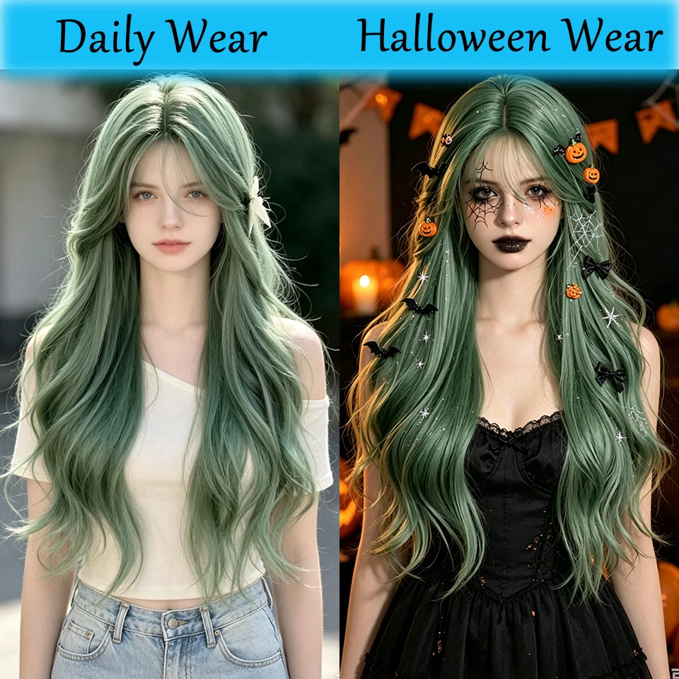 Green Cosplay Wig  Anime Hair Extensions Synthetic Natural Wavy Hair Hairpiece for Girl Daily Party Halloween Christmas Festival