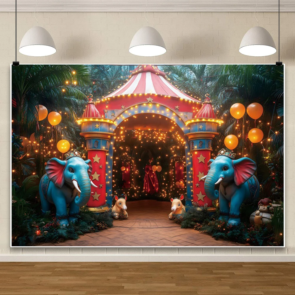 魔法のサーカス象の写真の背景、野生動物のアーチの風船、新生児の出生前のパーティー、ケーキクラッシュ、ポスターの背景