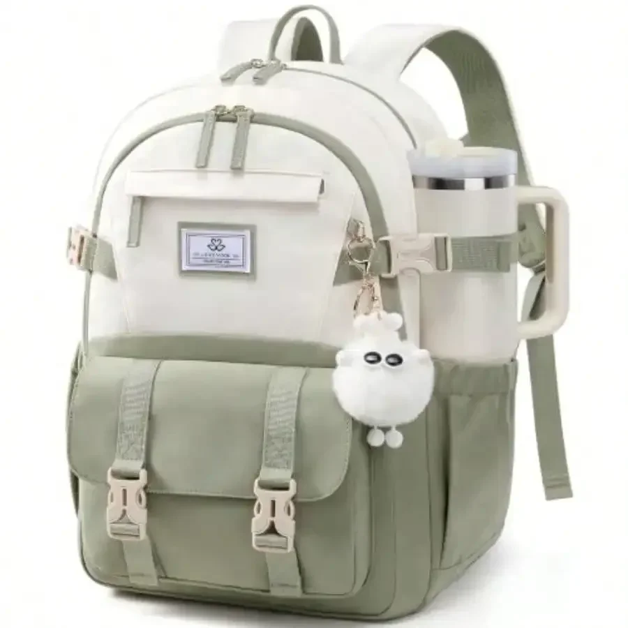 School Backpack For Teen Girls, Bookbag For 8-16 Student, Middle High College Back To School Cute Backpack, 15.6 Inch, Green-Beige
