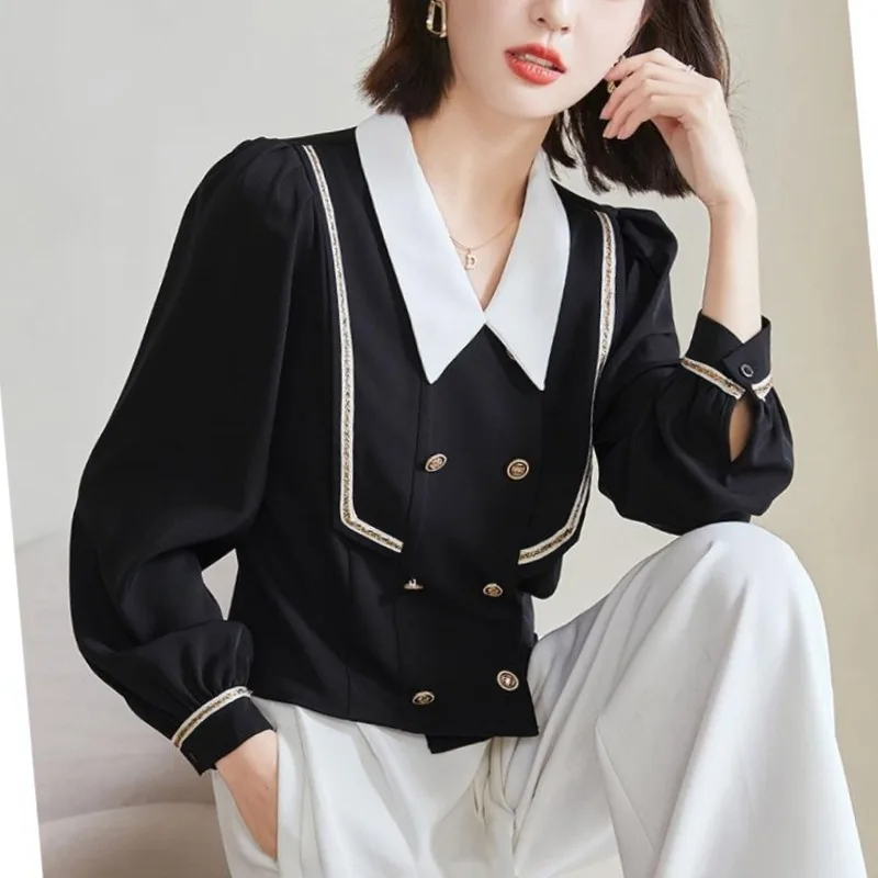 2024Women\'s Spring and Autumn New Fashion Elegant Doll Neck Spliced Button Korean Versatile Long Sleeve Chiffon Shirt Tops