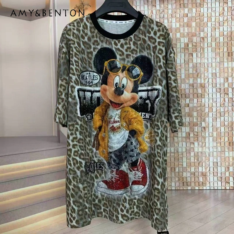 

New Brand Summer Heavy Craft Rhinestone Leopard Print Cartoon Tees Fashion Oversized Mid-length Short-sleeved Crew Neck T-shirt