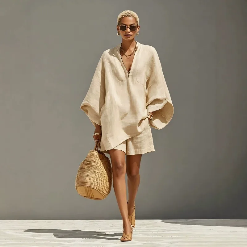 

Vintage Women V Neck Batwing Sleeve Top and Shorts Loose Casual Outfits Fashionable Loose Vacation Sports Shorts Set Streetwear