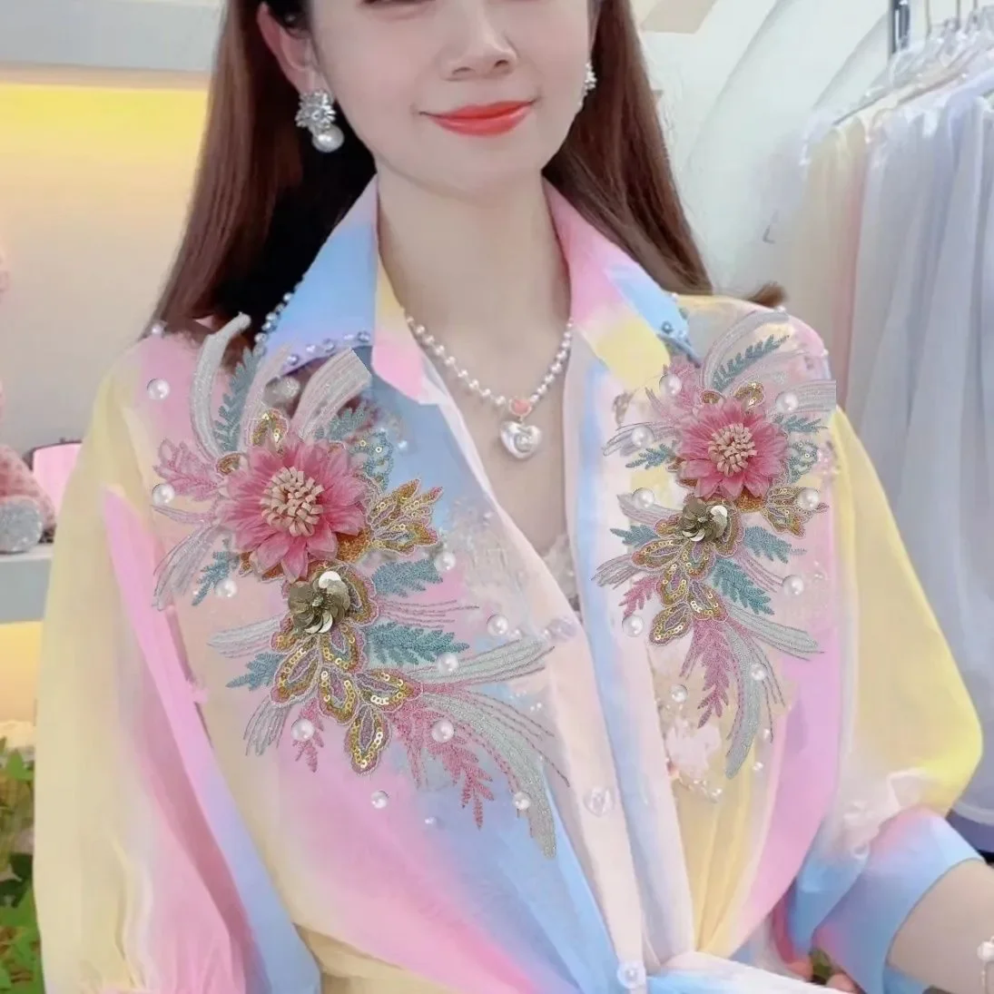 Rainbow Color Sunscreen Shirt Women's Summer New Fashion Loose Heavy Industry Color Three-Dimensional Flower Beaded Shirt