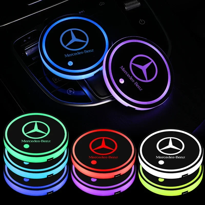 2PC LED Illuminated Car Water Cup Coaster Auto Interior Atmosphere Light Coaster for Mercedes Benz C260 W204 W205 W211 W212 W190