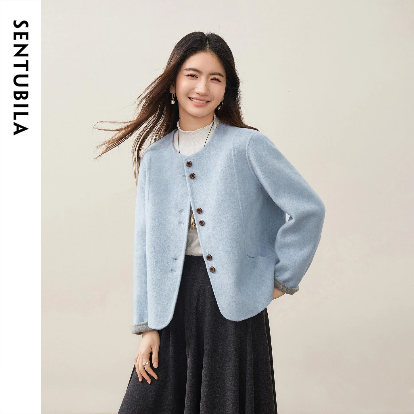 SENTUBILA Double Faced Wool Jacket Women 2026 Winter Round Neck Drop‑Shoulder Outerwear Loose Slim Fit Cropped Coat W64OG7677