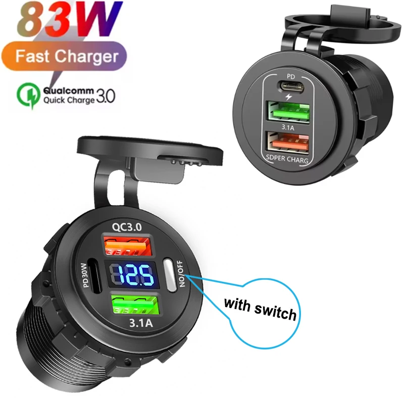 NEW 83W PD QC 3.0 USB Car Charger with Voltmeter and Switch Socket Power Outlet Adapter Waterproof for 12V/24V Car Boat