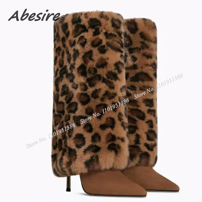 

Abesire Brown Fur Decor Leopard Boots Mid Calf Shoes for Women Solid Stiletto Shark Botas Fashion Runway Shoes Zapatillas Mujer