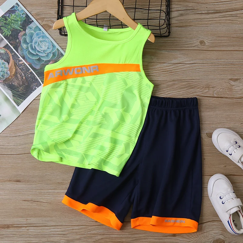 Kids Summer Outdoor Quick-Dry Contrast Sleeveless T-Shirt+Shorts Sets Moisture Wicking Baby Boys 2-Piece Workout Set 3-13 Years