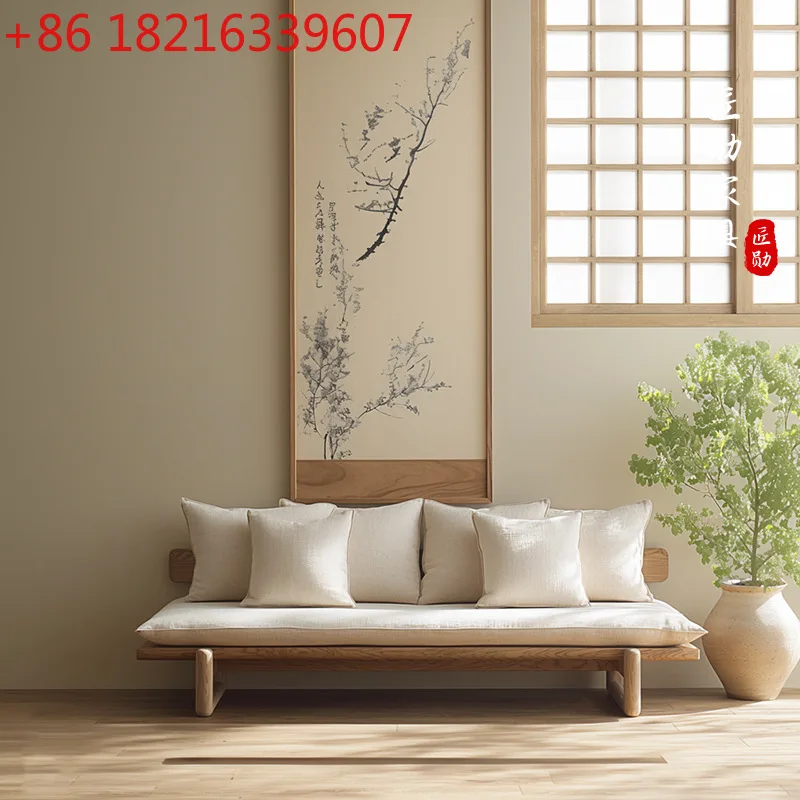 

Hotel household small apartment living room solid wood sofa wabi sandy wind log three-person homestay double solid wood