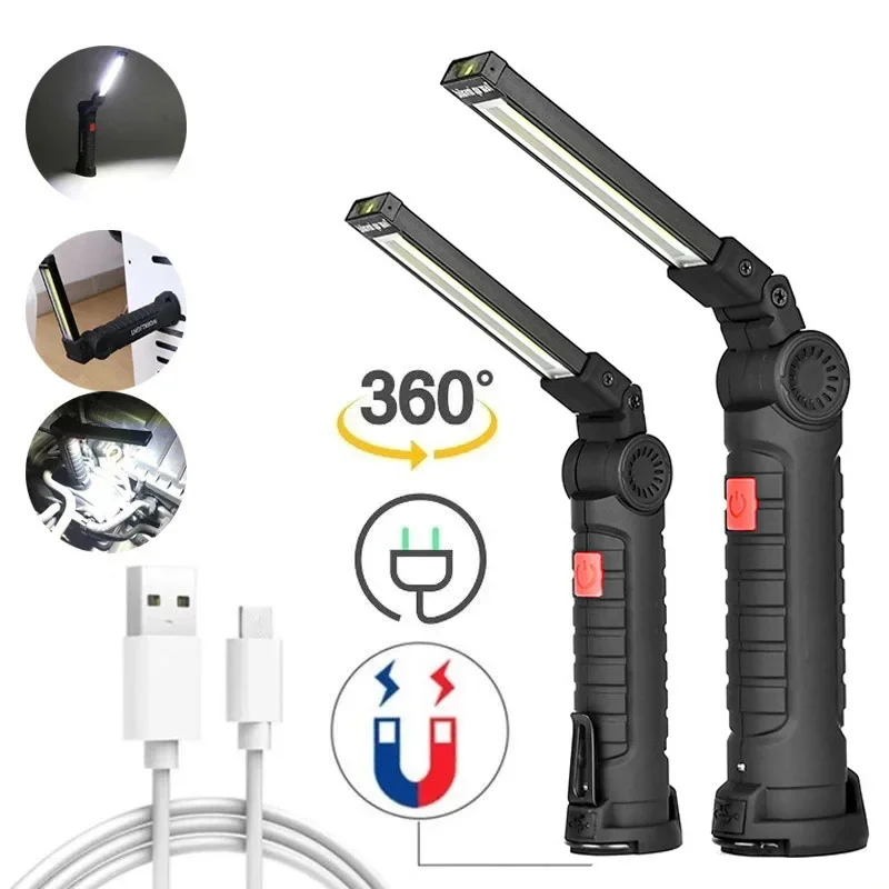 Portable COB LED Flashlight USB Rechargeable Work Light Magnetic Lanterna Hanging Lamp with Built-in Battery Camping Torch