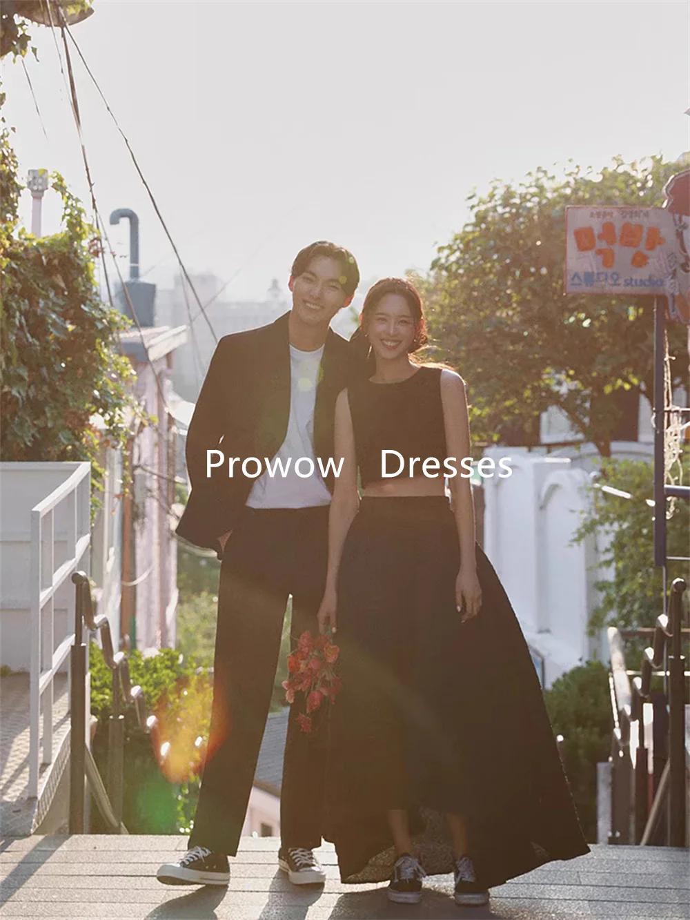 Prowow Simple Black Korea Evening Dresses Wedding Photoshoot High and Low Length Prom Party Dresses Customized Formal Gowns