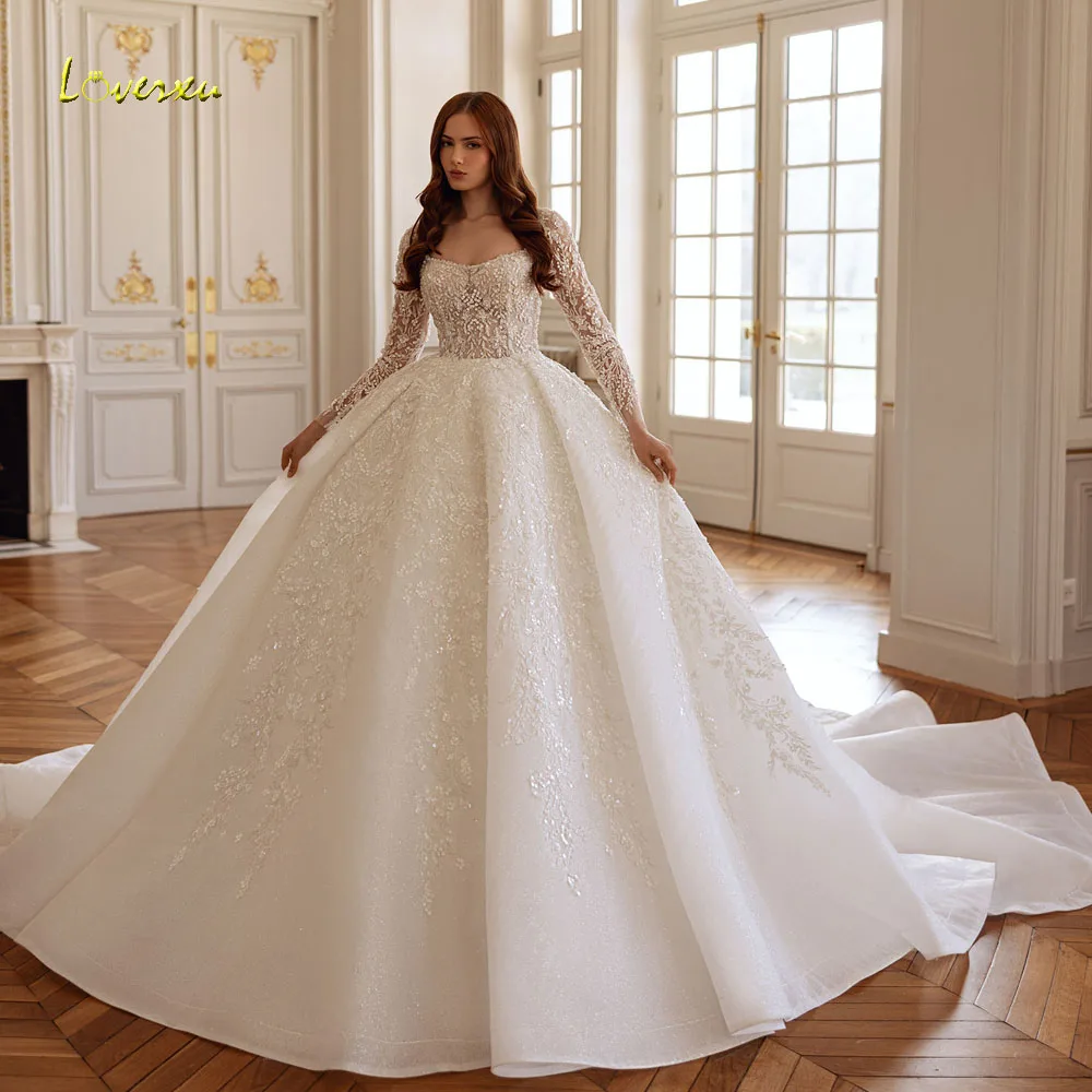 

Бальное платье Loverxu Королевские свадебные платья с вырезом лодочкой Vestido De Novia Кружево с блестками и шлейфом Блестящие свадебные платья на заказ