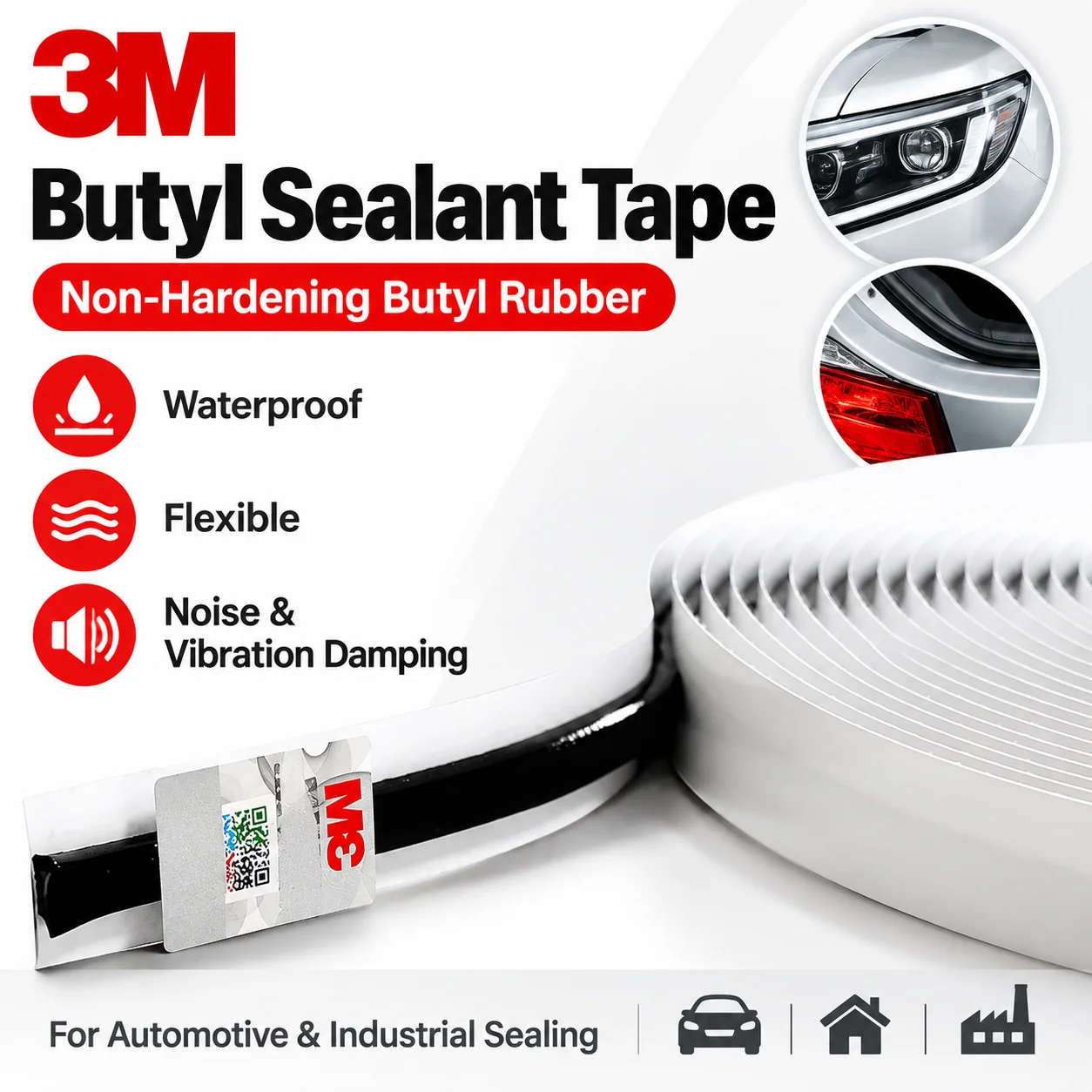 3M Butyl Sealant Tape Non-Drying Waterproof Rope Caulk for Car Door Headlight Speaker Glass Metal Plastic Automotive Repair