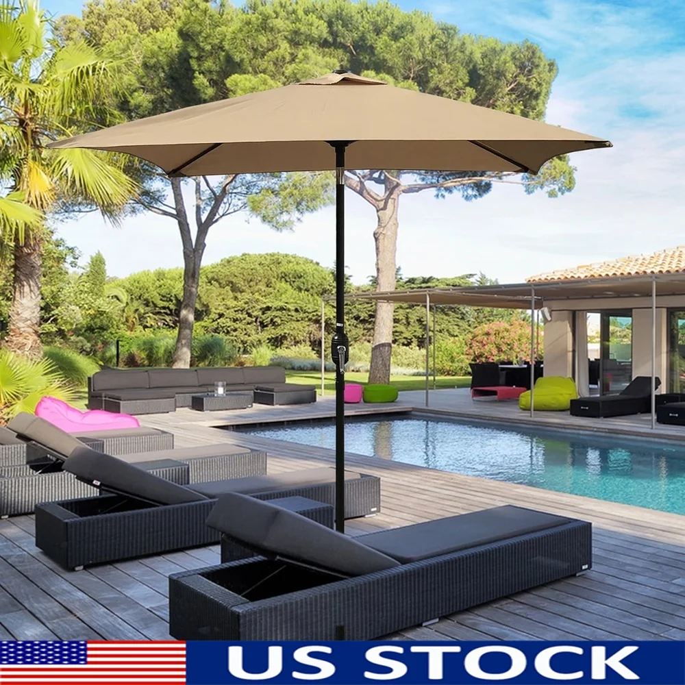 82 Inch Beige Rectangular Patio Umbrella Air Vent Top Steel Frame Crank Tilt Easy Open Weather Resistant Outdoor Canopy
