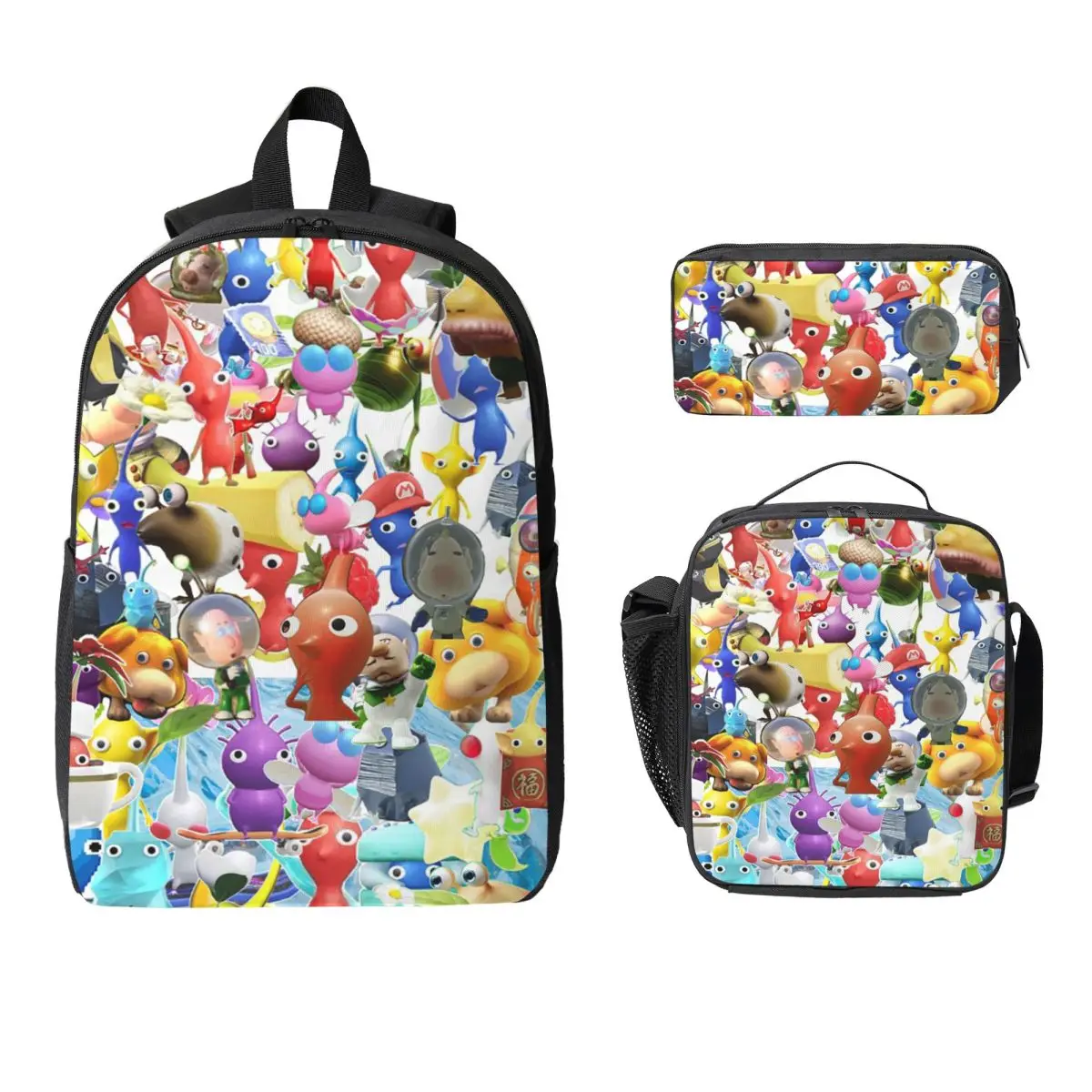 

Pikmin Characters Backpack Student Boys Girls BookBag School Bag Laptop Shoulder Bags 3ps Insulated Lunch Bag Pencil Case