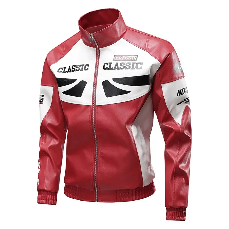 Streetwear Men's Standing Collar Motorcycle Jacket PU Leather Motorbike Jacket Men Work Coats Outdoor Motorcycle Riding Clothes