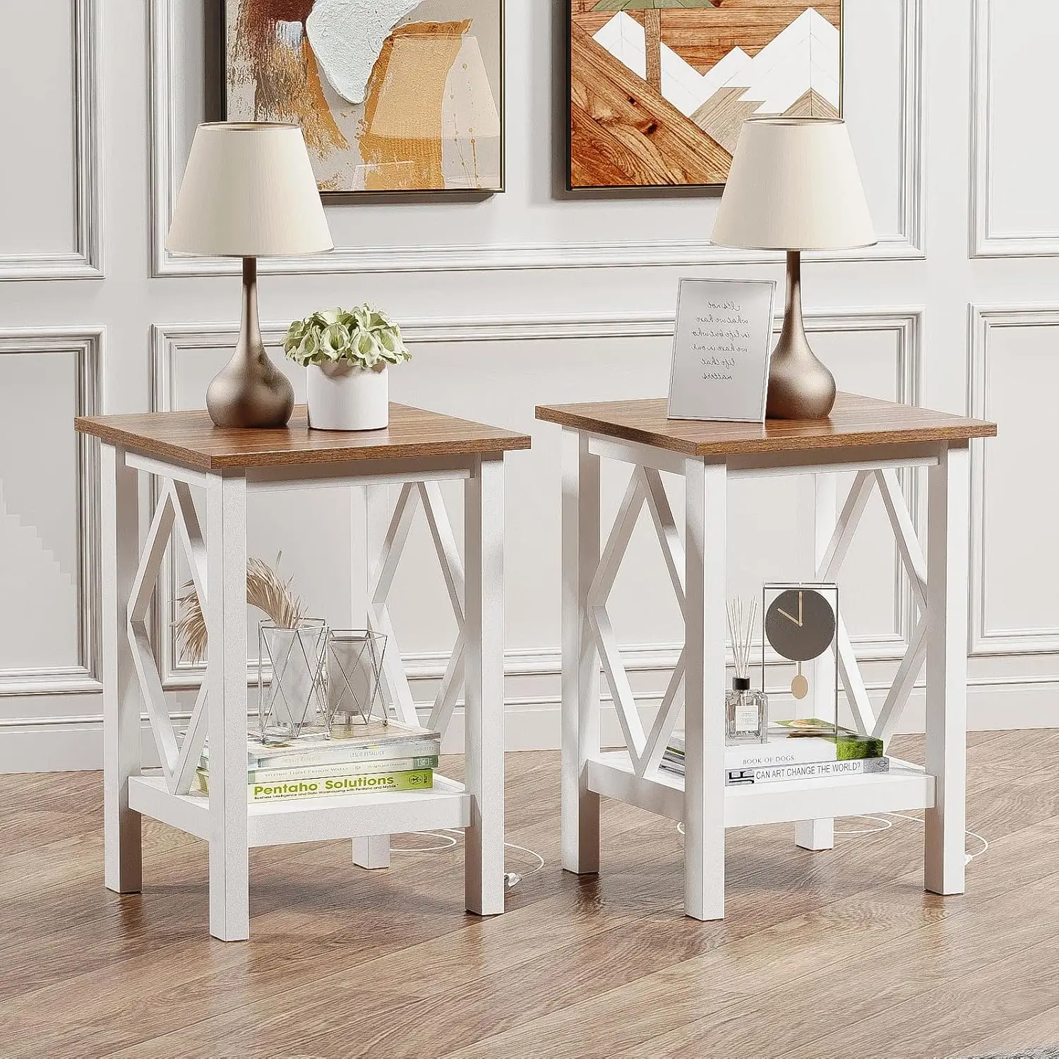 

Farmhouse End Table Set Of 2, Small Side Table With Charging Station, Nightstand Bedside Table With Storage Shelf, Usb Ports