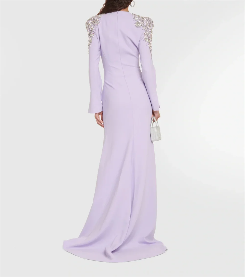 Elegant Lilac Women Evening Dresses V-Neck Beads Crystals Aplique Long Sleeves Formal Occasion Dress Wedding party Mermaid Gown