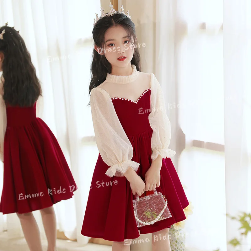 abito-elegante-personalizzato-drois-per-damigella-collo-alto-con-volant-maniche-3-4-vestito-lungo-in-velluto-rosso-vino-per-bambine