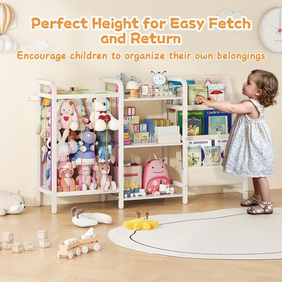 رف كتب للأطفال وتخزين الألعاب، رف كتب من 3 طبقات لغرف الأطفال، خزانة كتب للأطفال مع مساحة تخزين حيوانات محشوة، مونتيسوري تود