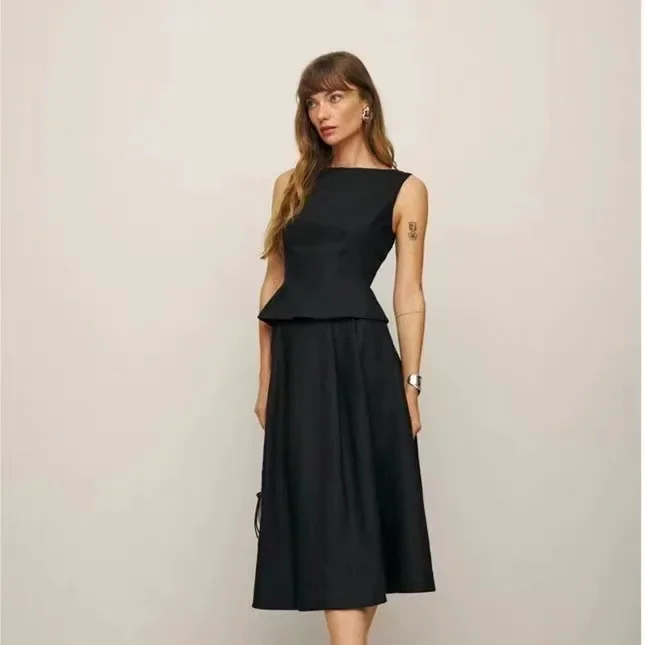 Women's Set 2024 New Spring Summer Linen O-Neck Simple Solid Color Casual Sleeveless Tank Top + High Waist Midi Skirt