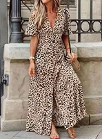 Vestido de manga corta con cuello en V y estampado de leopardo para mujer, ropa Sexy para primavera y verano