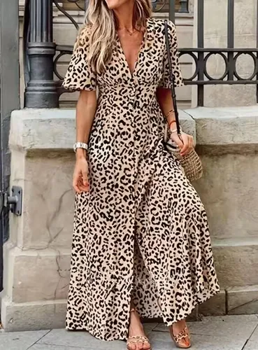 Vestido de manga corta con cuello en V y estampado de leopardo para mujer, ropa Sexy para primavera y verano