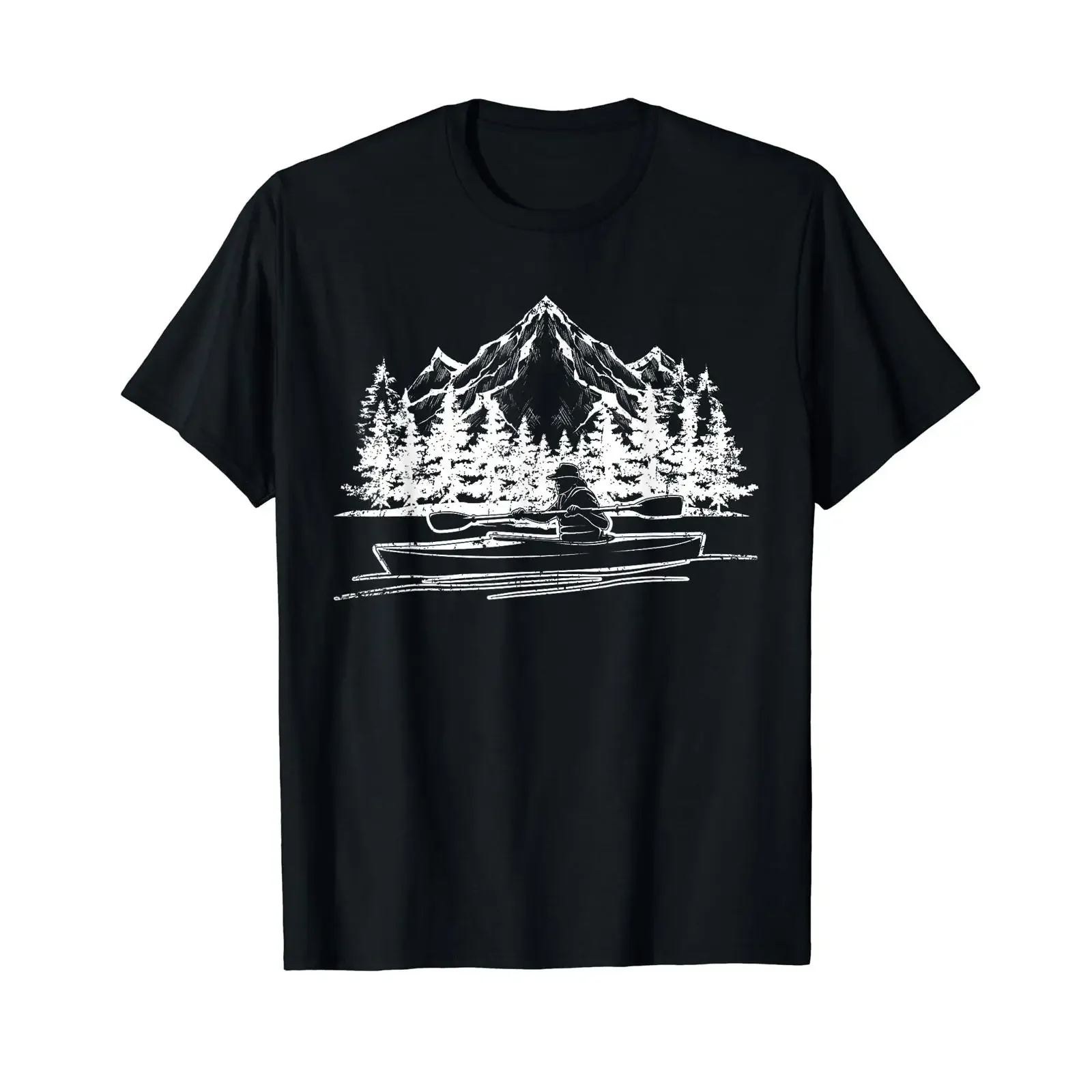 Mountains Canoe Boating Trees Sport Kayaker Kayak T Shirt Black S vintage Washed fashion graphic Comfortable Versatile Unisex