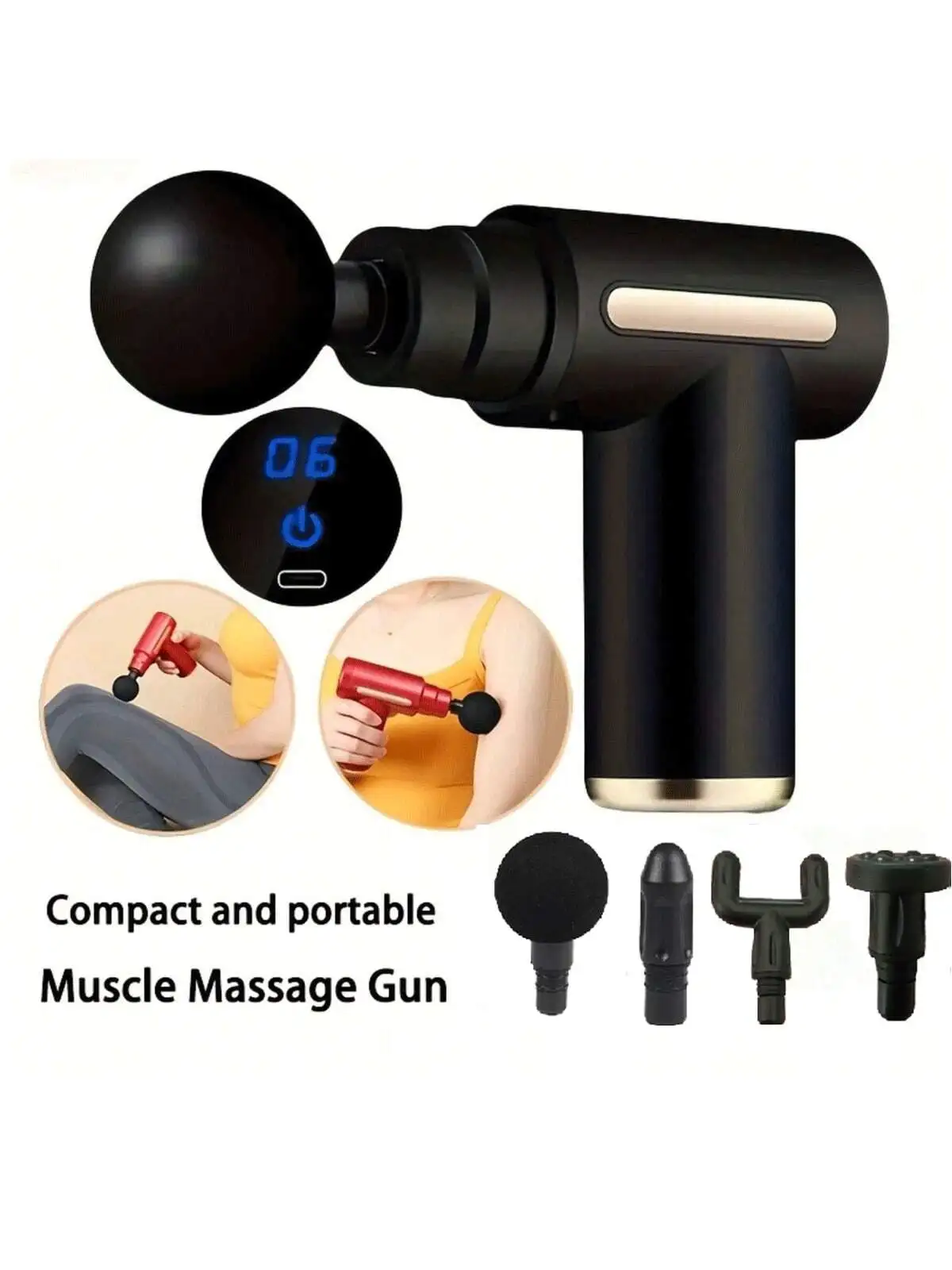 2026Portable Fascial Massage Gun Electric Percussion Pistol Massager With LED Touch Screen4Replaceable Massage Head Rechargeable