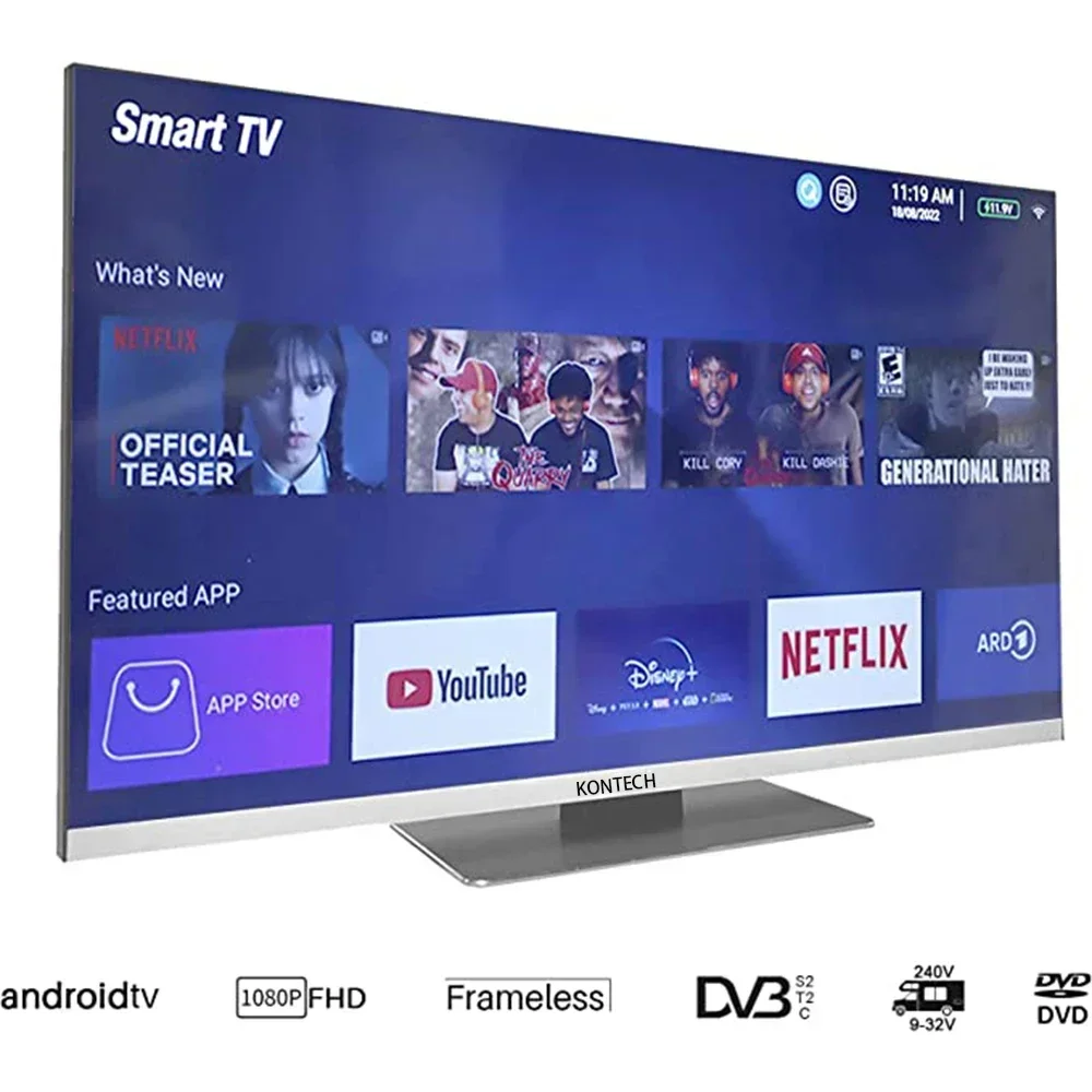 24 Inch 12/24 Volts Smart TV With 24V & Mains Travel TV, DVD, M7 Fast Scan For Satellite S2, Freeview T2 For Campervan Motorhome